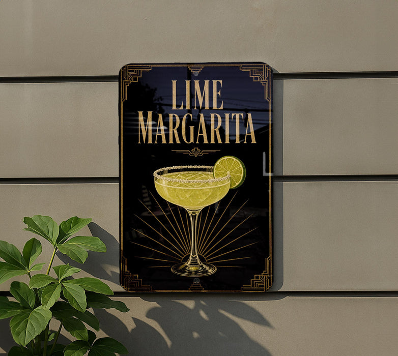 A sign for a lime margarita, featuring a glass of margarita with a lime slice, is displayed on a wall.