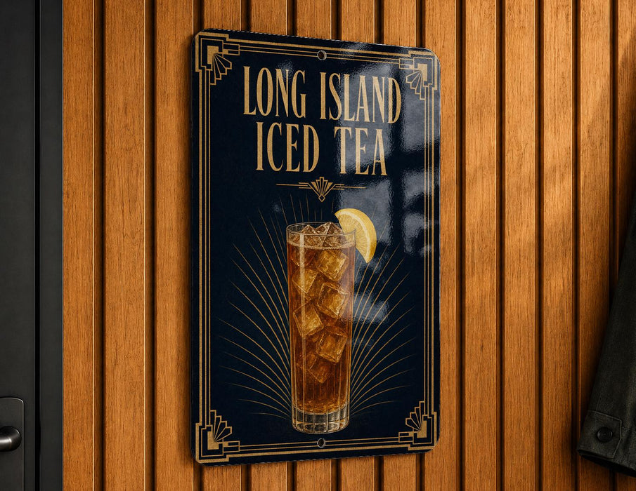 A sign for Long Island Iced Tea, featuring an illustration of a tall glass filled with iced tea and lemon slices.