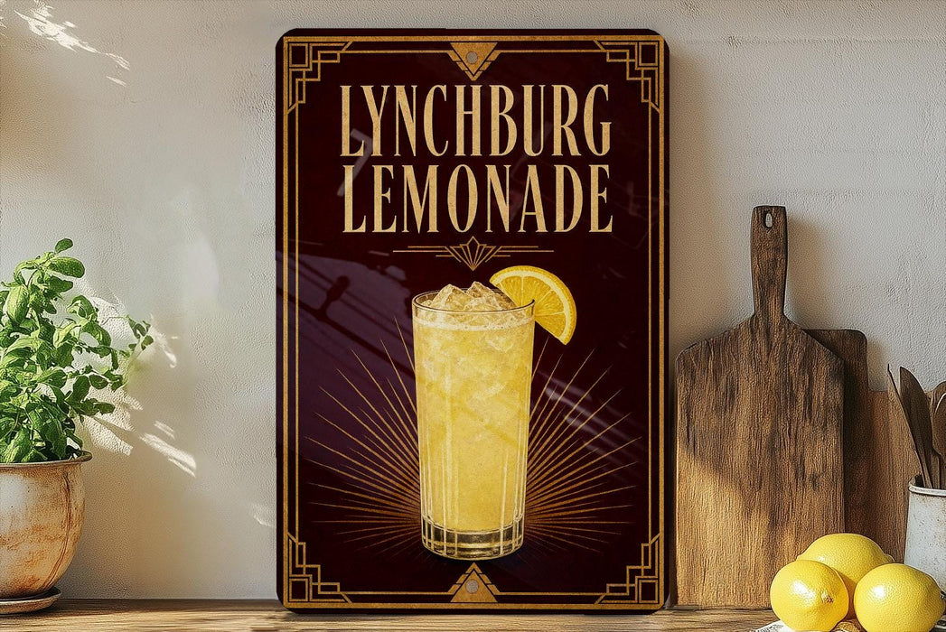 A sign for Lynchburg Lemonade is displayed on a shelf, featuring an illustration of a tall glass filled with lemonade and a lemon slice.