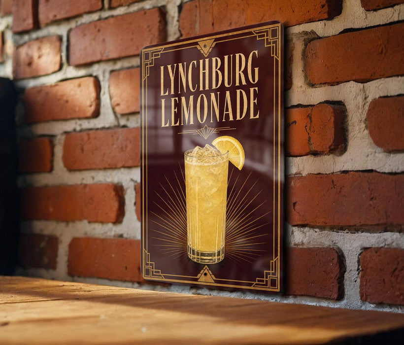 A sign for Lynchburg Lemonade is displayed on a brick wall.