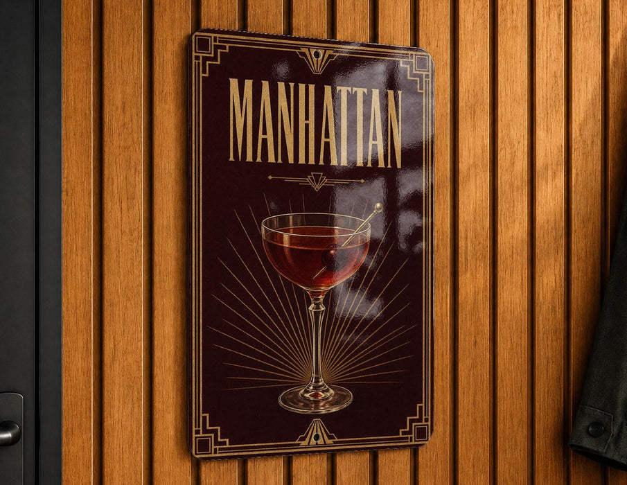 A sign that reads "MANHATTAN" with an illustration of a glass of wine on a wooden wall.