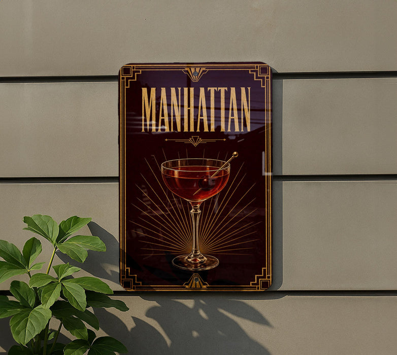 A decorative sign for "Manhattan" cocktail, featuring a glass of Manhattan cocktail with a straw and garnish.