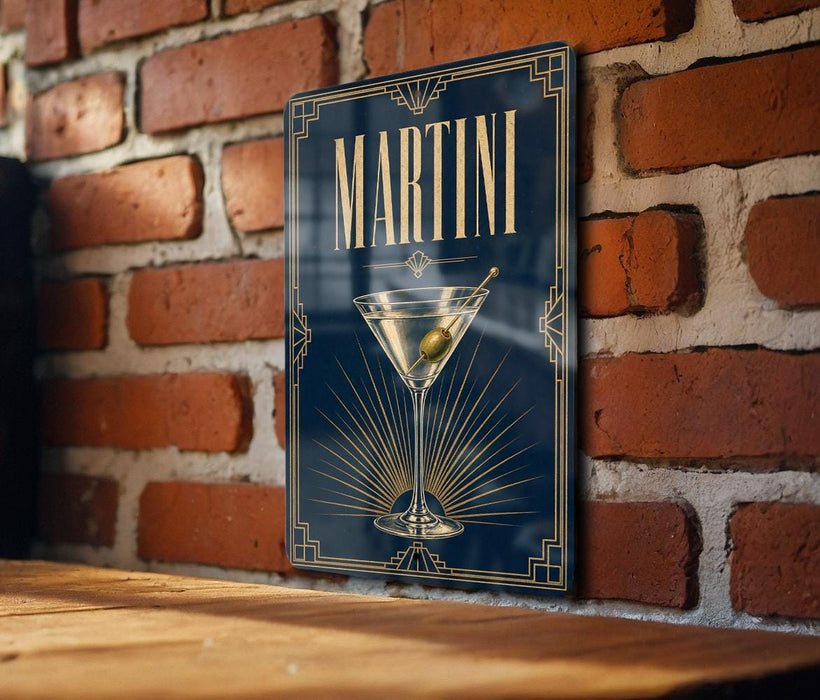 A sign with the word "MARTINI" prominently displayed, featuring an illustration of a martini glass with a green olive.