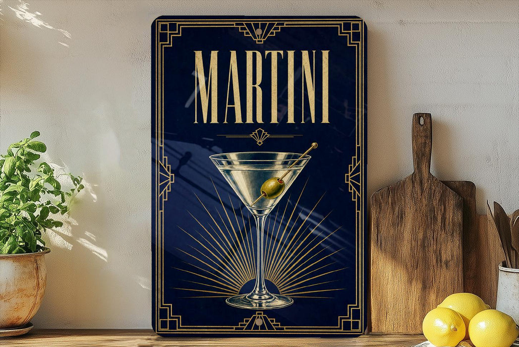 A framed poster of a martini glass with an olive on the rim, placed on a wooden surface next to a wooden cutting board and a potted plant.