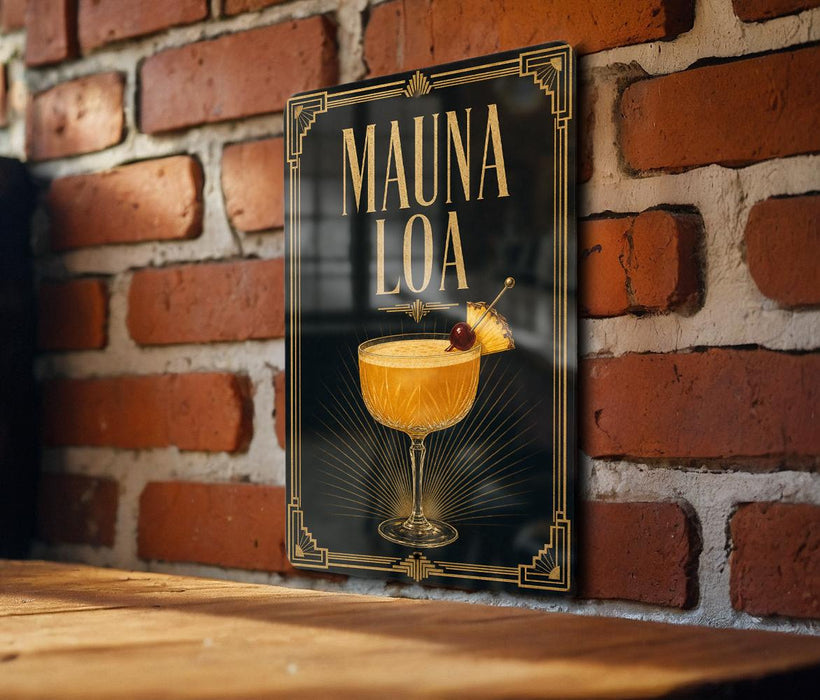 a sign with the text "MAUNA LOA" and an illustration of a cocktail glass with a cherry on top, set against a brick wall background.