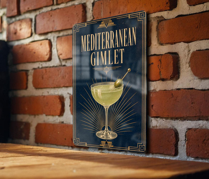 A sign with the text "MEDITERRANEAN GIMLET" and an illustration of a cocktail glass with a lime wedge.