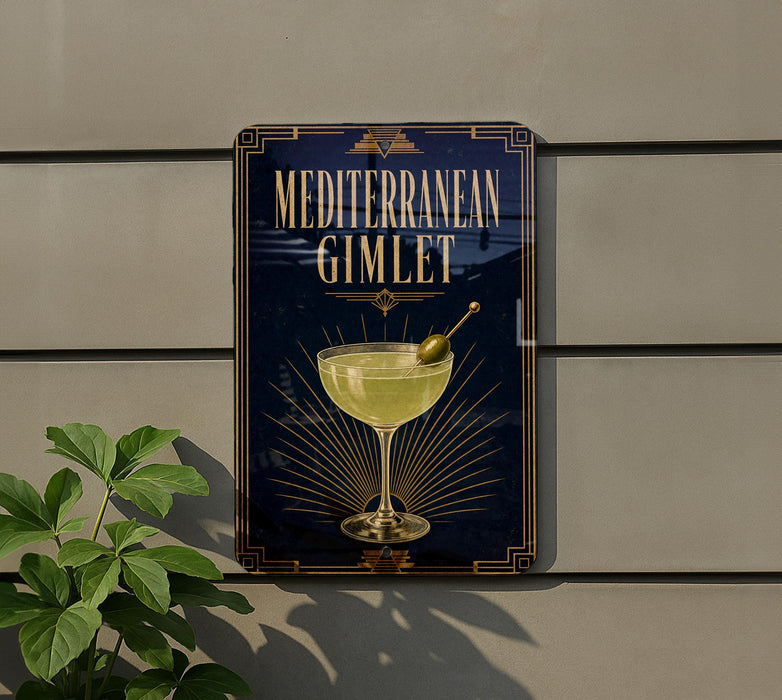 a decorative sign with a glass of Mediterranean drink and a green olive on a wall.