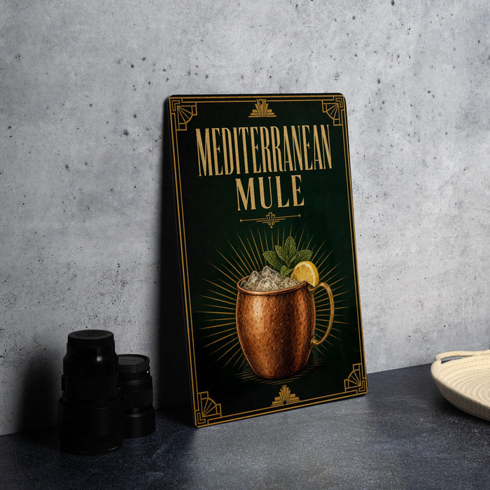 a sign for a Mediterranean mule, which is a type of cocktail. The sign has a copper mug illustration and the text "MEDITERRANEAN MULE" written on it.