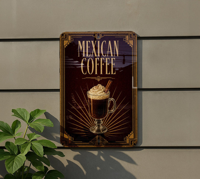 A sign for "Mexican Coffee" is displayed on a wall, featuring an illustration of a cup of coffee with whipped cream and cinnamon sticks.