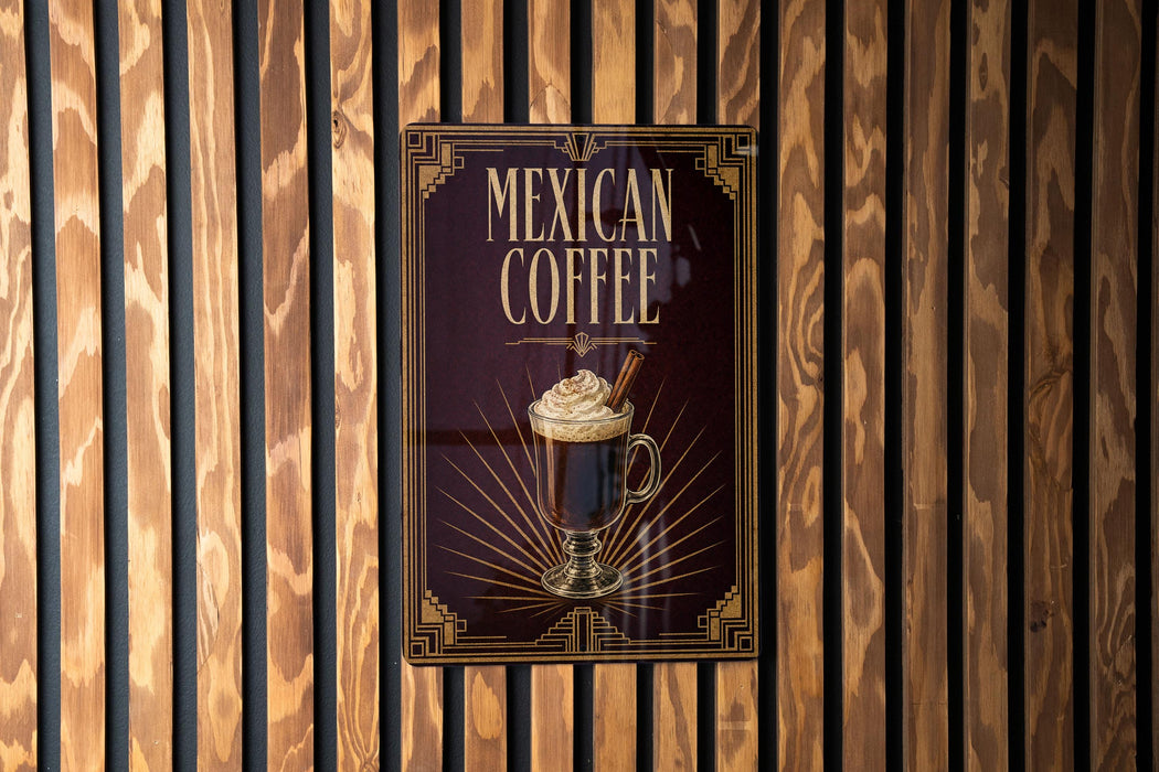 A sign for "Mexican Coffee" is displayed on a wooden wall.