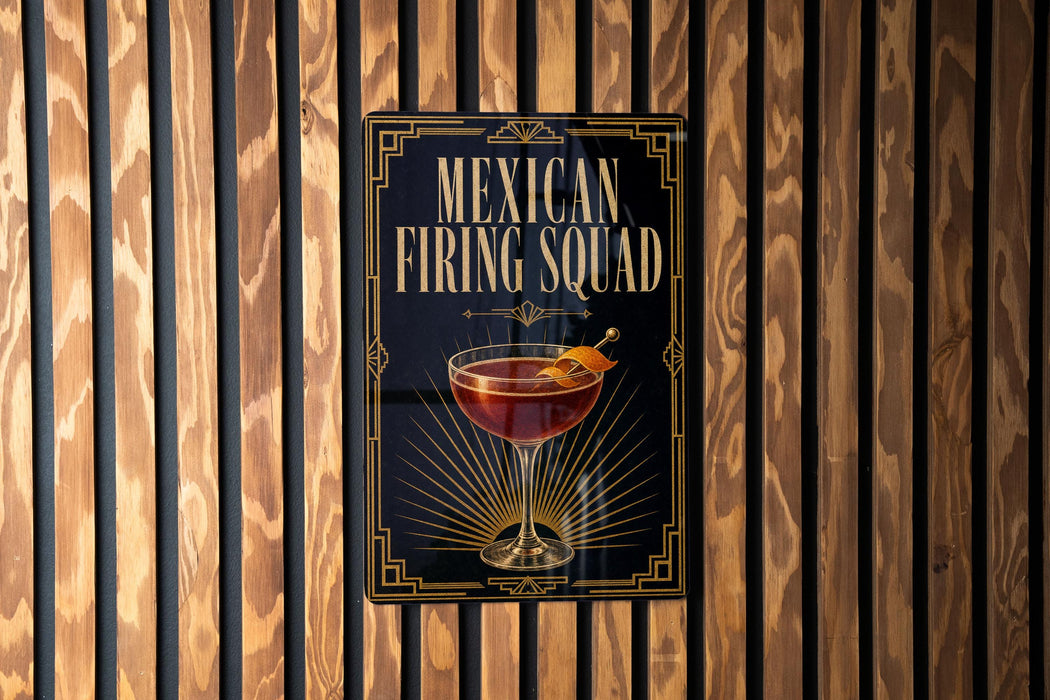 A sign for a Mexican Frying Squad cocktail, featuring a glass of the drink and a decorative border.