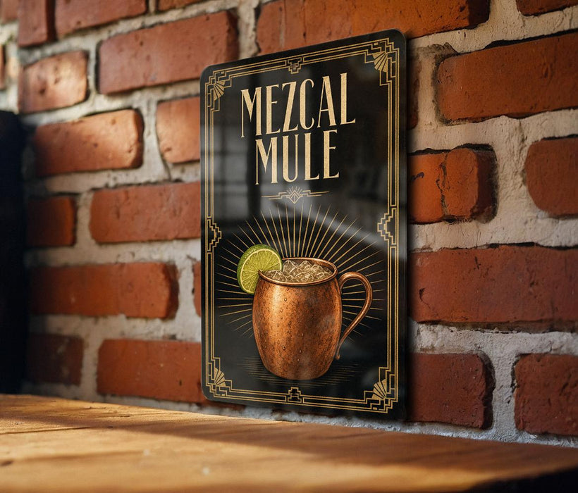 A sign for a mezcal mule, featuring an illustration of a copper mug with a lime slice, is displayed on a brick wall.