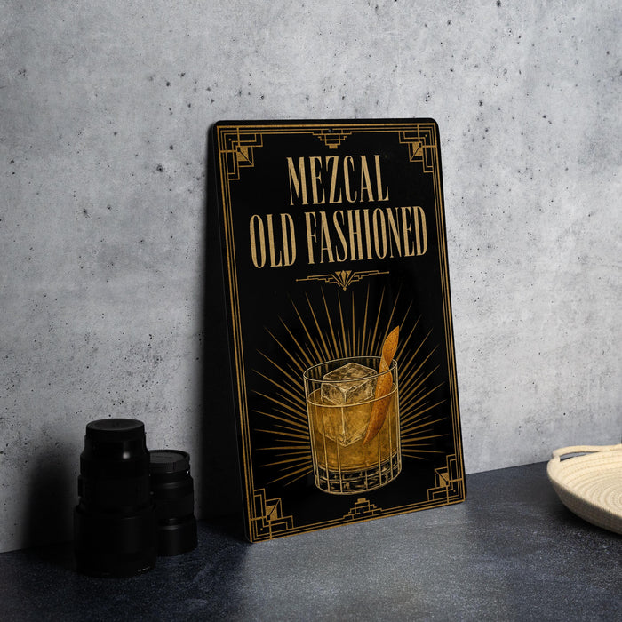 a black sign with gold text and an illustration of a cocktail glass, placed on a gray countertop next to a stack of black cups and a white dish.