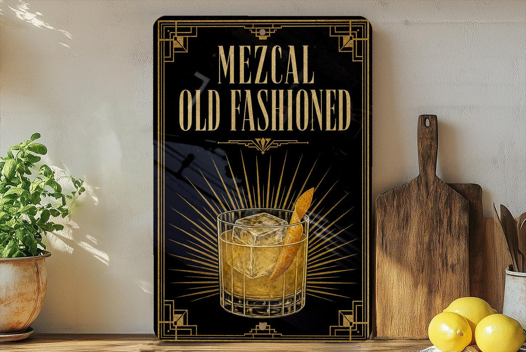 A framed advertisement for Mezcal Old Fashioned, featuring an illustration of a glass of Mezcal with a lemon twist.