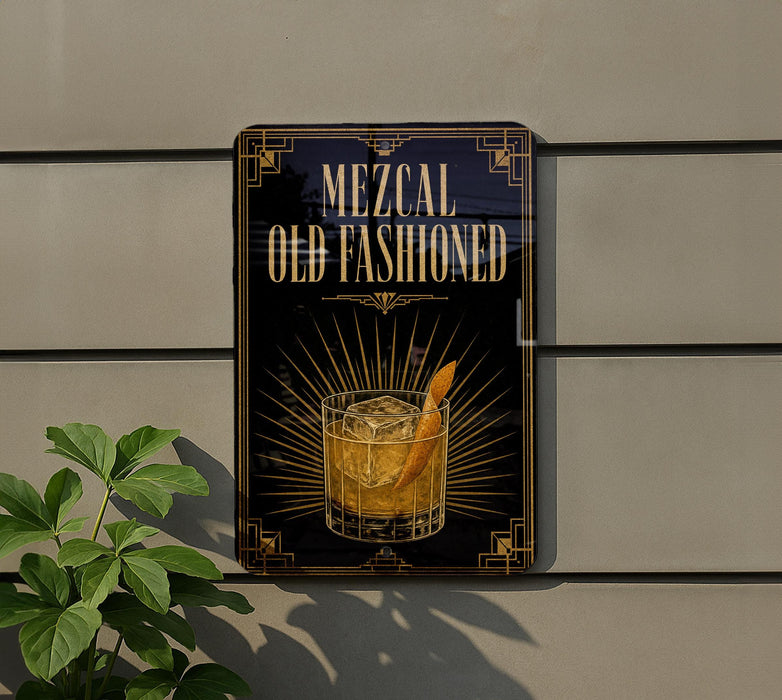 A sign for "Mezcal Old Fashioned" is displayed on a wall, featuring an illustration of a glass of mezcal with a lemon slice.