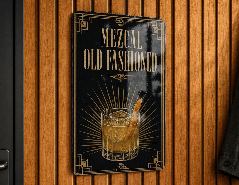 A sign that reads "MEZCAL OLD FASHIONED" with an illustration of a cocktail on a wooden wall.