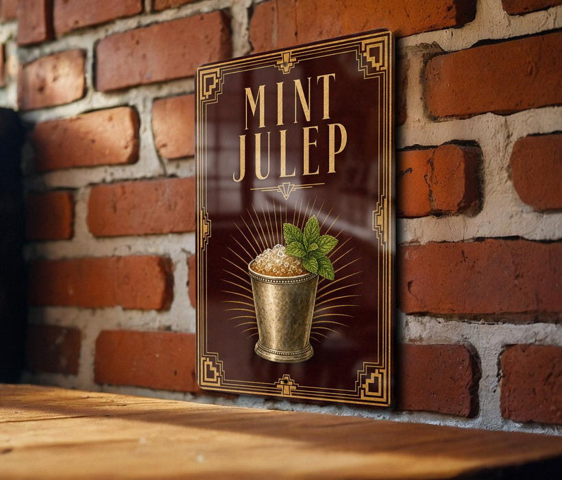 A framed illustration of a mint julep cocktail is displayed on a brick wall, with the text "MINT JULEP" prominently featured.