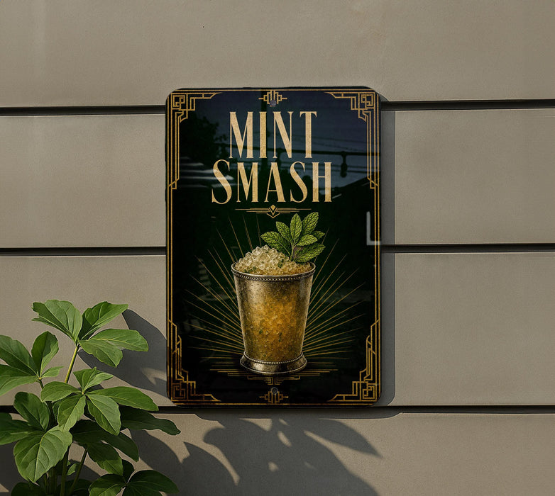 a sign that reads "MINT SMASH" with an illustration of a glass containing a mint leaf and a small amount of mint on a wall.