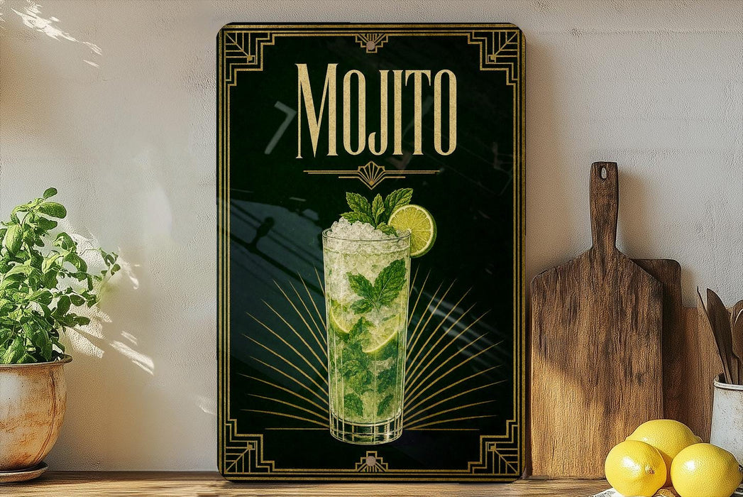 A framed advertisement for a mojito cocktail, featuring a glass of the drink with a lime and mint garnish, is displayed on a wall next to a wooden cutting board and a potted plant.