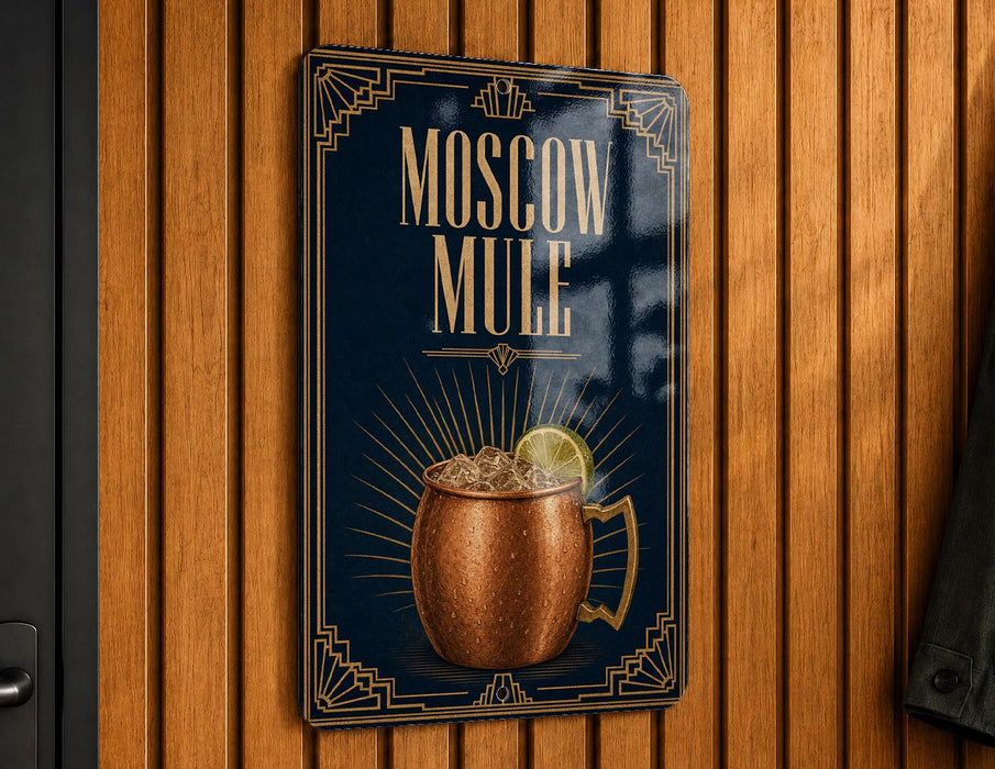 A poster advertising Moscow Mule, featuring a copper mug with a lemon slice.