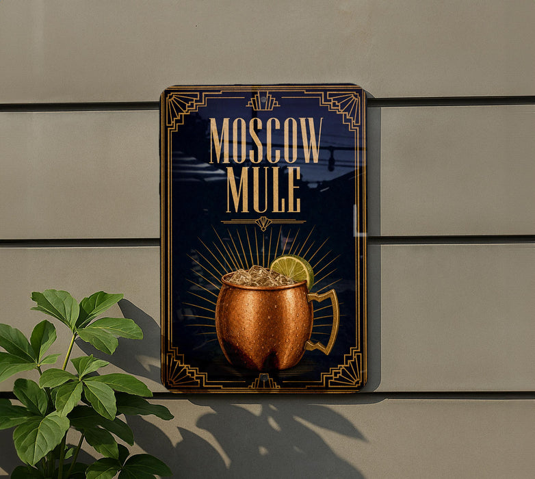 a sign for a Moscow Mule cocktail, with a copper mug containing a drink and a lemon slice, set against a dark background with decorative elements.