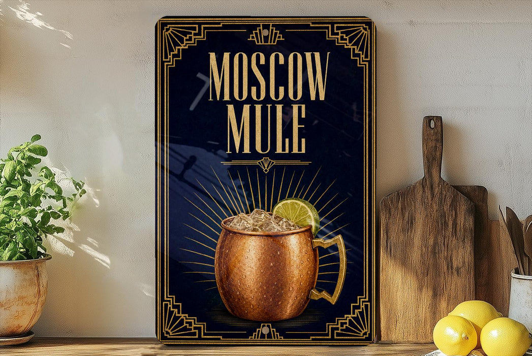 a poster advertising Moscow Mule, a Moscow-style alcoholic beverage, with a copper mug and lemon slice on the poster.