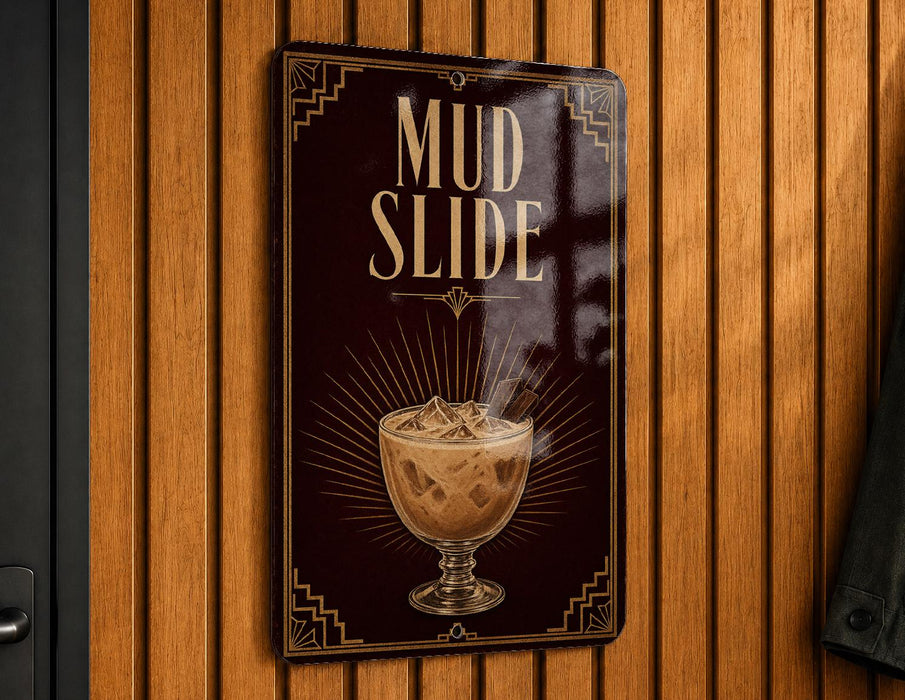 A sign for a mud slide, featuring an illustration of a glass filled with a brown liquid and ice cubes.