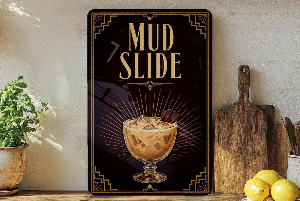 a sign for a mud slide cocktail, with a glass of the drink prominently displayed.