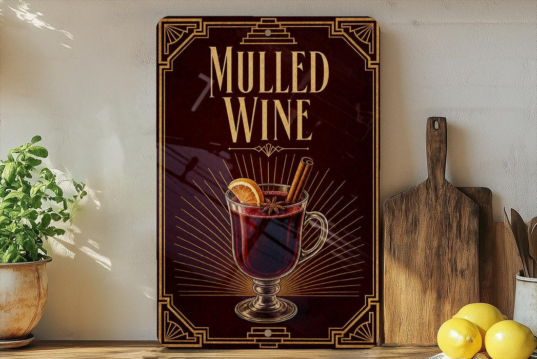 A framed advertisement for "Mulled Wine" featuring a glass of wine with a slice of lemon and a cinnamon stick.
