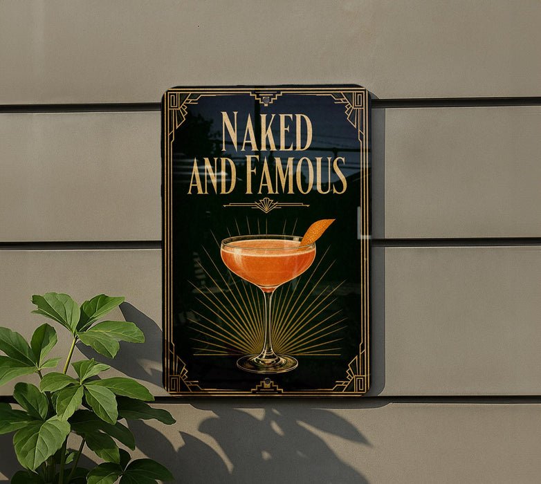 a sign with the text "Naked and Famous" and an illustration of a cocktail glass with a slice of orange.
