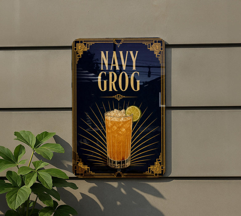 a sign for a drink called "Navy Grog" with a glass illustration and a lemon slice.