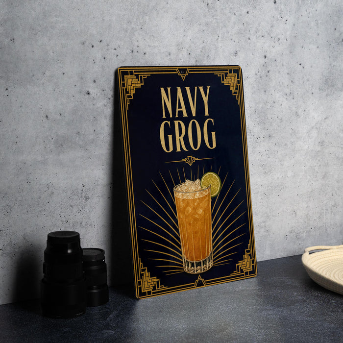 a decorative sign with the text "NAVY Grog" and an illustration of a cocktail glass with a lemon slice.