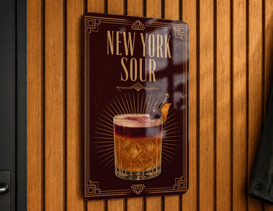 A sign for "New York Sour" cocktail, featuring an illustration of a glass filled with a yellowish-brown drink and garnished with a lemon slice.