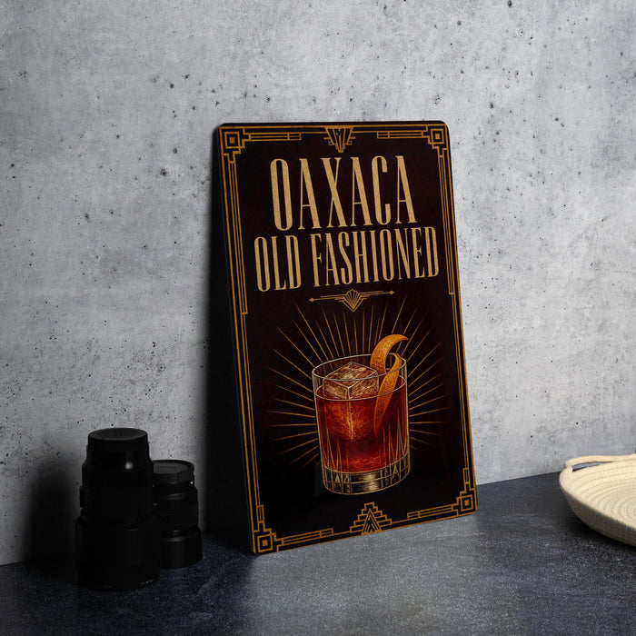 a sign for "Oaxaca Old Fashioned", which is a cocktail. The sign has a black background with gold lettering and an illustration of a cocktail glass.