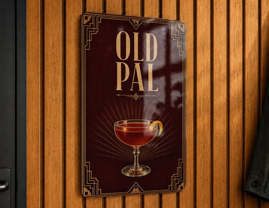 a sign that reads "OLD PAL" with an illustration of a glass of red wine.