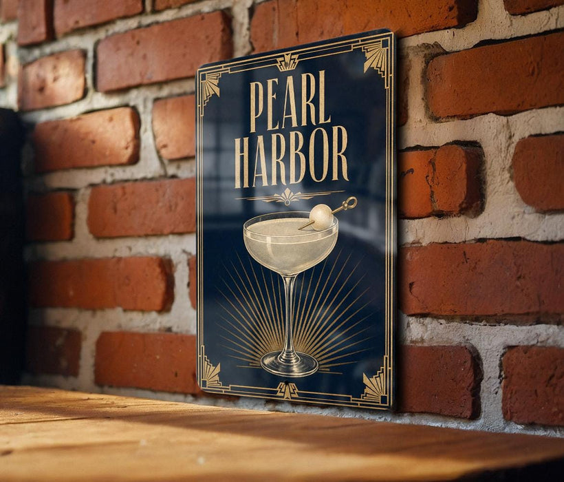 A sign for "Pearl Harbor" is displayed on a brick wall, featuring an illustration of a cocktail glass with a cherry on top.