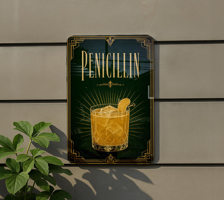 a sign for a drink called "Penicillin" with a glass of the drink and ice cubes displayed on it.