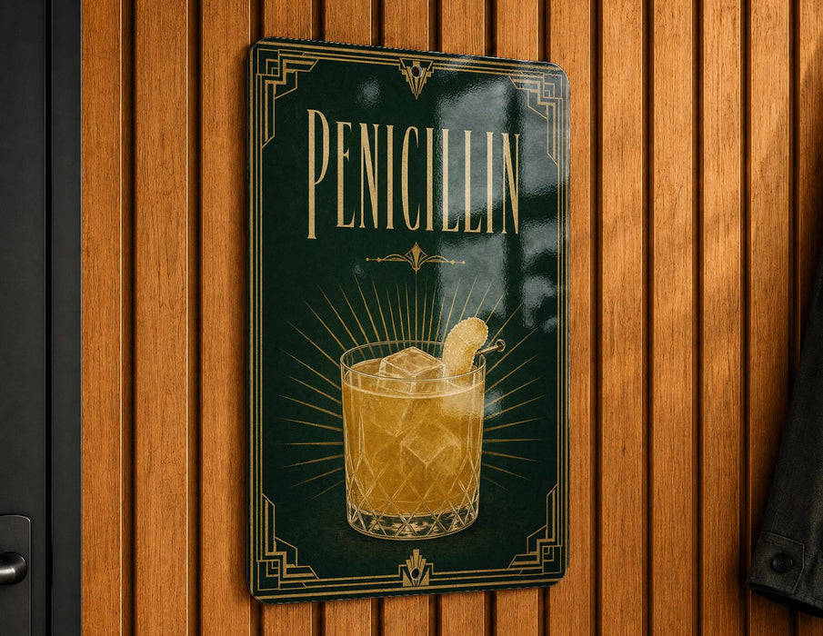 A sign with the word "PENICILLIN" on it, featuring an illustration of a cocktail with ice cubes.