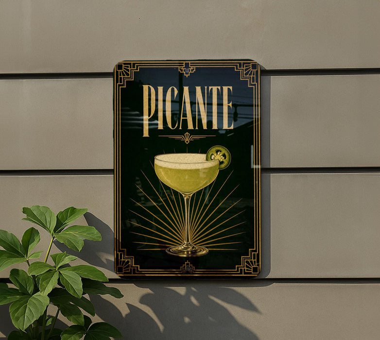 A decorative sign for "PICANTE" cocktail, featuring a stylized illustration of a cocktail glass with a lime wedge.
