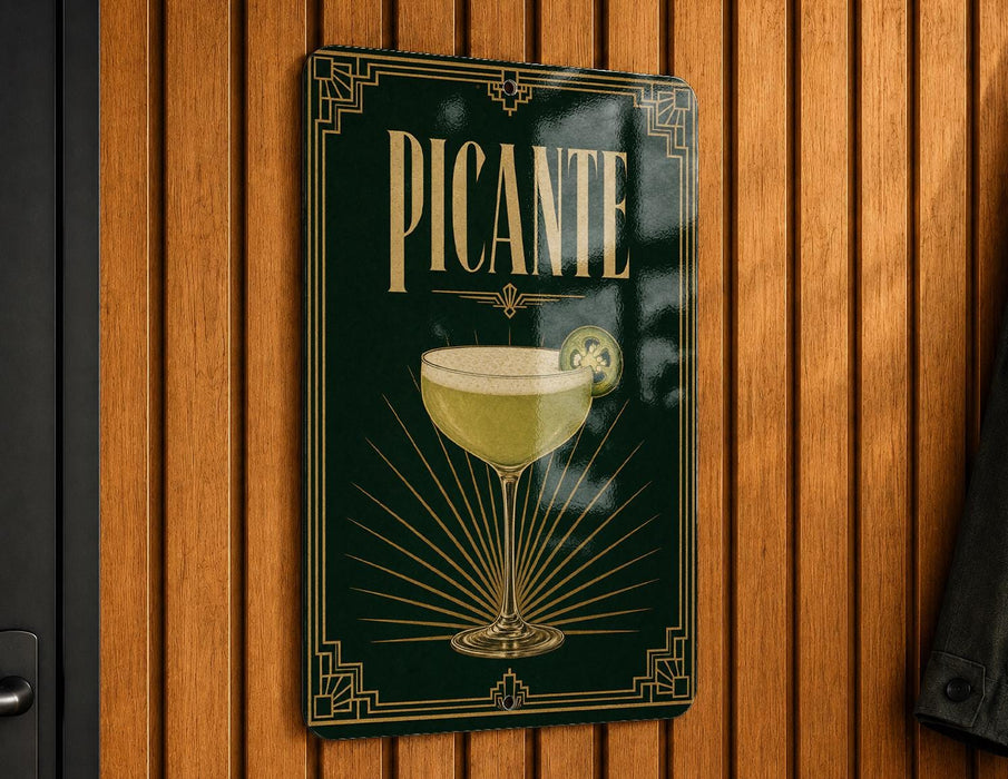 A sign for "PICANTE", which is a cocktail, is displayed on a wooden wall.