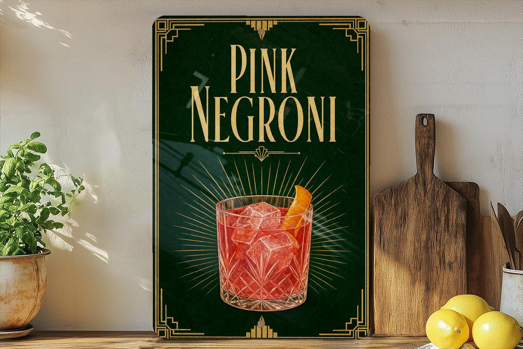 A framed advertisement for a pink Negroni cocktail, featuring an illustration of the drink and the text "PINK NEGRONI" prominently displayed.