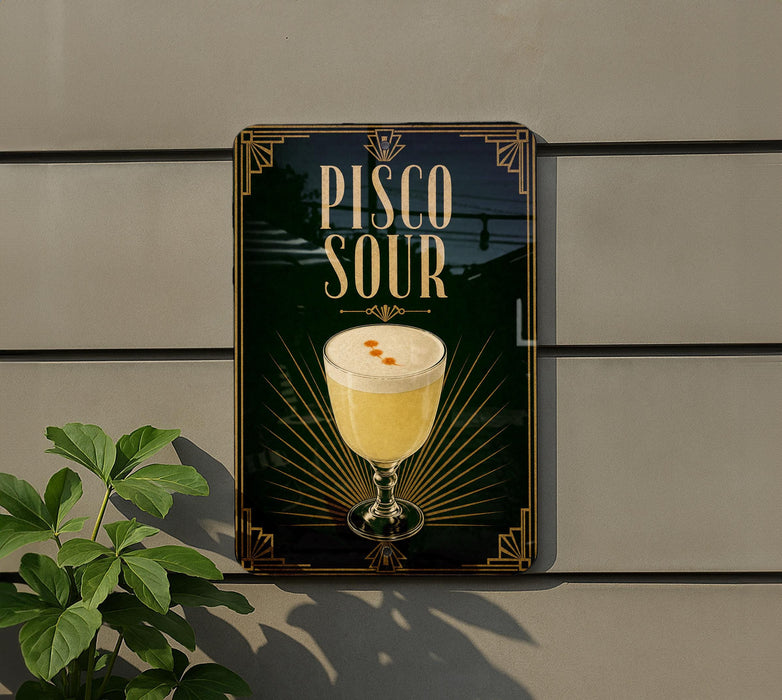 A sign for a drink called "Pisco Sour" is displayed on a wall, featuring a glass of pisco sour with a frothy white head and a slice of lemon.