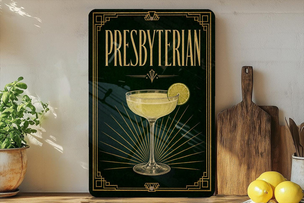 A decorative sign for "Presbyterian" cocktail, featuring a glass of yellow liquid with a lemon slice, is displayed on a shelf next to a wooden cutting board and a potted plant.