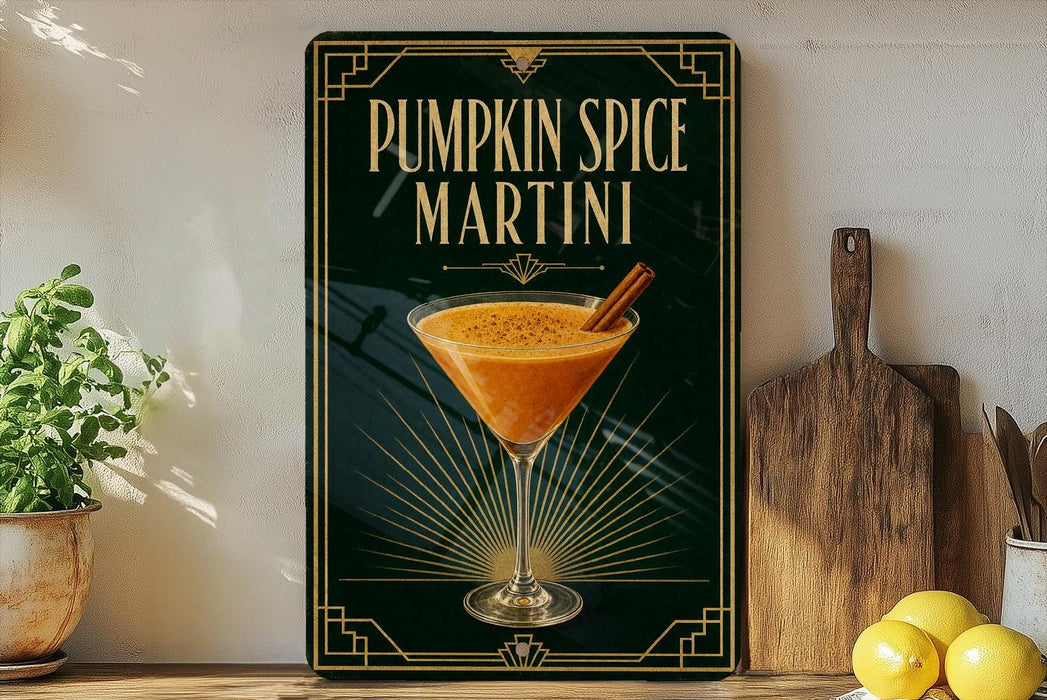 A decorative sign for a pumpkin spice martini, featuring an illustration of a martini glass with a cinnamon stick, placed on a wooden surface next to a wooden cutting board and a potted plant.