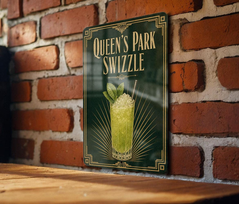 A sign for "Queen's Park Swzzle" is displayed on a brick wall, featuring an illustration of a green drink with a garnish.
