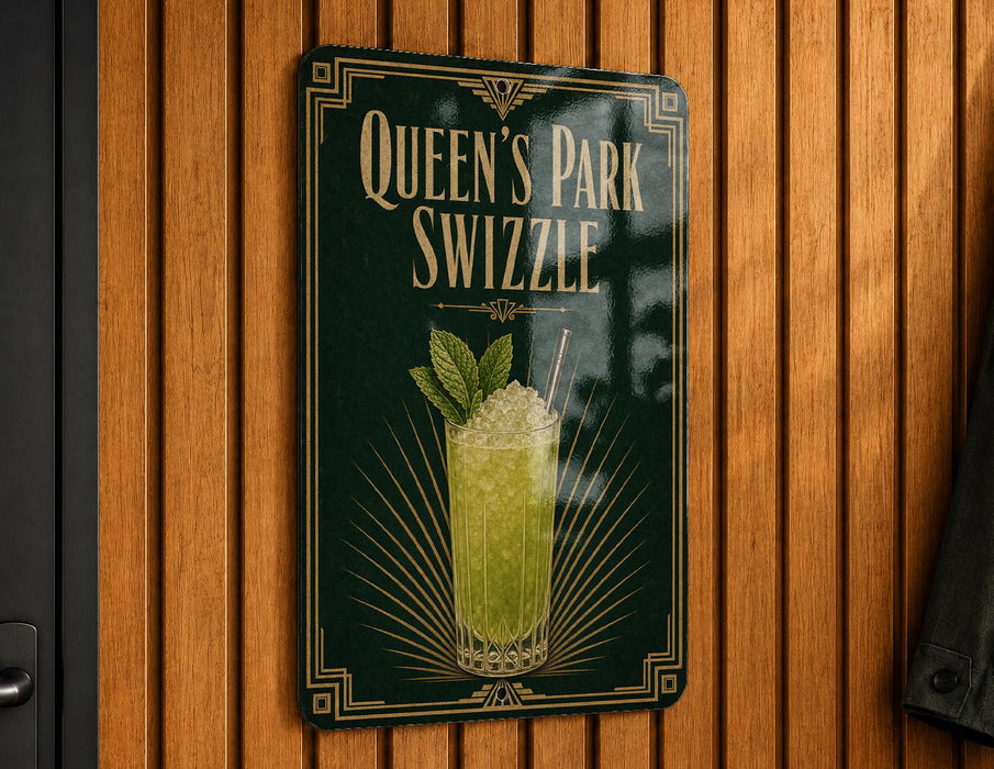 A sign for "Queen's Park Swzzle" cocktail, featuring a glass illustration and a mint garnish.