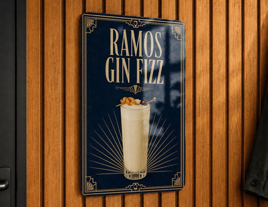 A sign for "RAMOS GIN FIZZ" is displayed on a wooden wall.