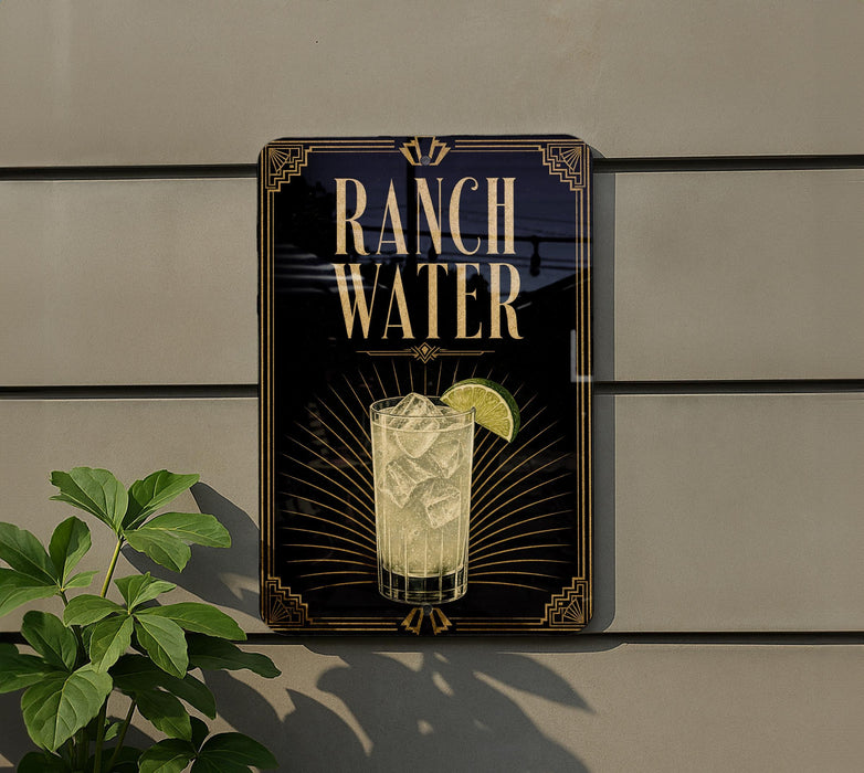 a sign for Ranch Water, with a glass of water and a lime slice on the sign.