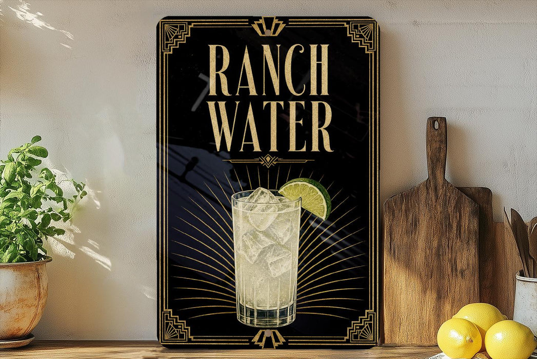 A decorative sign for Ranch Water, featuring a glass of water with a lime slice, is displayed on a wooden shelf next to a cutting board and a potted plant.