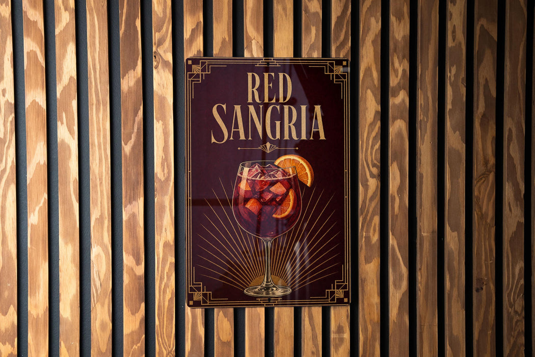 A poster advertising "Red Sangria" is displayed on a wooden wall.